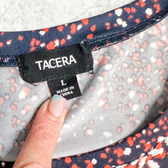 Tacera Navy, Red, and White Spotted Graphic Shift Dress Tie Accent Sleeves Large - Picture 6 of 7